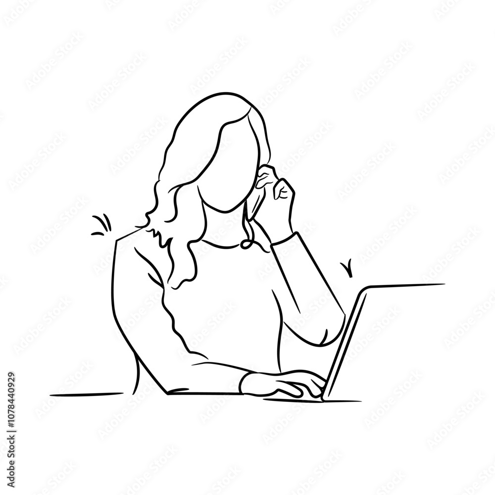 Illustration of an Asian woman talking on a cell phone working remotely using a laptop Illustration of an Asian woman talking on a cell phone working remotely using a laptop