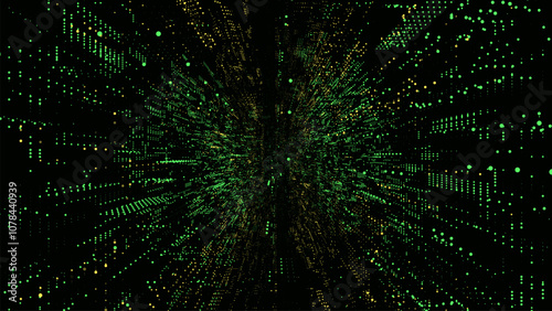 Futuristic vector sci-fi circle portal in space. Green matrix cyberspace with moving data. 3D ai tunnel with dot. Abstract digital wormhole data. Binary code particle flow by funnel. Concept hacking.