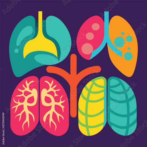 A set of vibrant icons representing different human organs (heart, lungs, liver, kidneys), all illustrated with depth and texture.