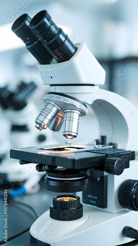 Sophisticated microscope in laboratory setting with multiple lenses and a focus knob Vertical Mobile Wallpaper