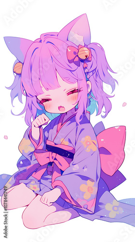 kawaii chibi anime girl wearing cute kimono on white background