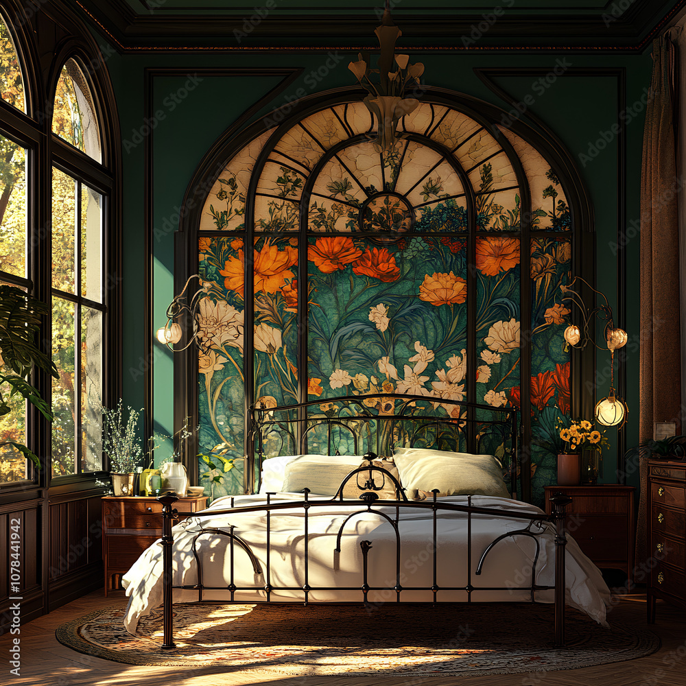 Fototapeta premium A luxurious bedroom with a vintage wrought-iron bed, ornate floral mural, and rich green walls, accented by elegant lighting and wooden furnishings