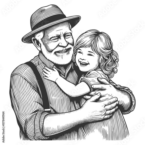 joyful grandfather embracing his smiling granddaughter, family love and generational bonds sketch engraving generative ai vector illustration. Scratch board imitation. Black and white image