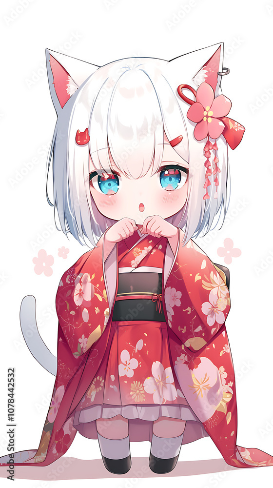 super cute anime girl wearing cute kimono, cat ears, kawaii chibi, cute pose, white background super cute anime girl wearing cute kimono, cat ears, kawaii chibi, cute pose, white background
