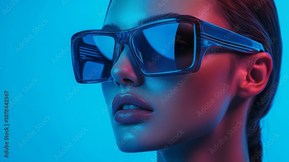 Woman in oversized glasses with pink and blue neon glow
