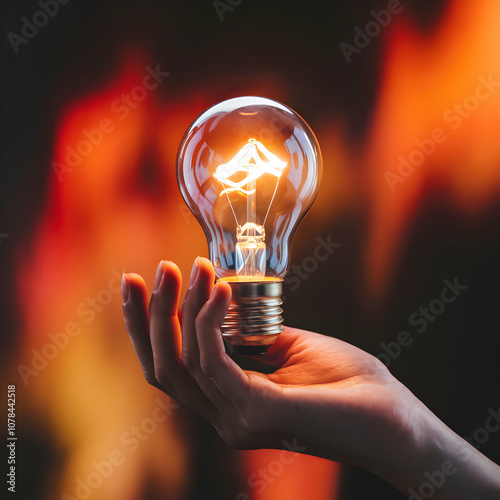 Hand holds luminous light bulb, glowing warm against a fiery red background For Social Media Post Size