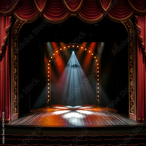 Grand theater stage with ornate curtains and a beam of light shining through For Social Media Post Size