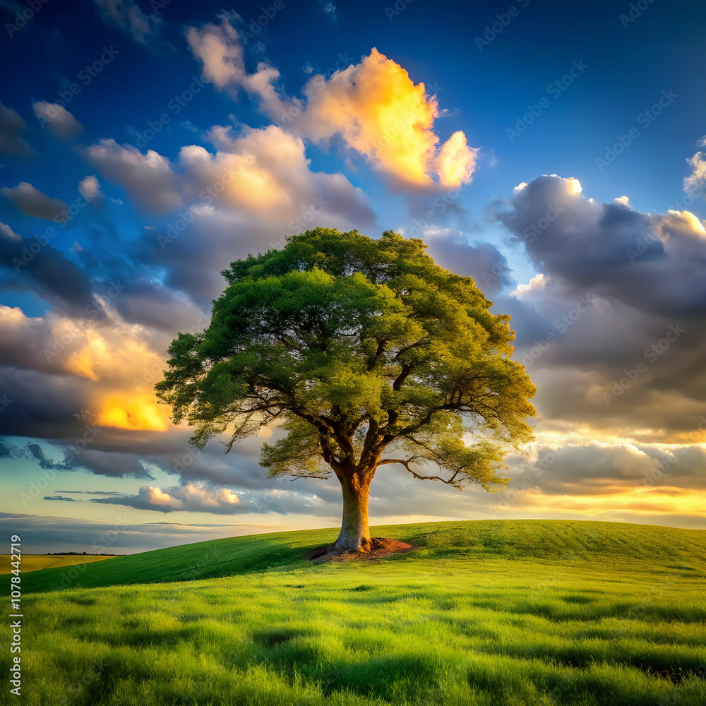 Fototapeta premium lone tree in green field with blue cloudy sky
