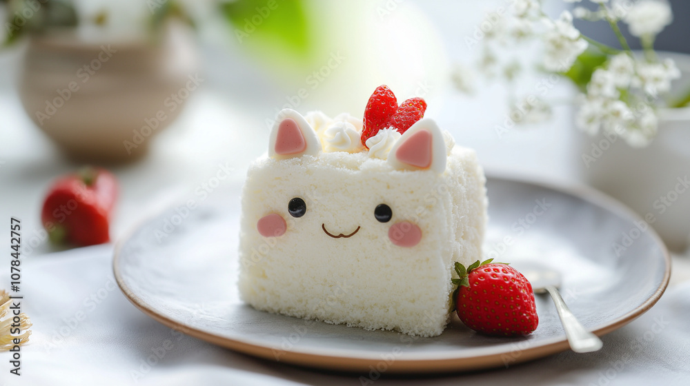 A decorative cream cake shaped like a cute cat face, dessert, food photography, cupcake with cream, white chocolate cake, cheesecake with raspberry