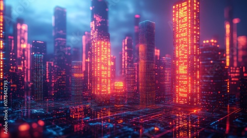 Futuristic city skyline with glowing lights at night.