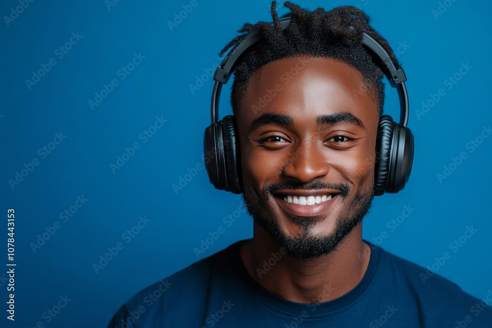 Portrait of a smiling Afroamerican young man with headphones on a blue background, perfect for a stylish, clean mock-up Portrait of a smiling Afroamerican young man with headphones on a blue background, perfect for a stylish, clean mock-up