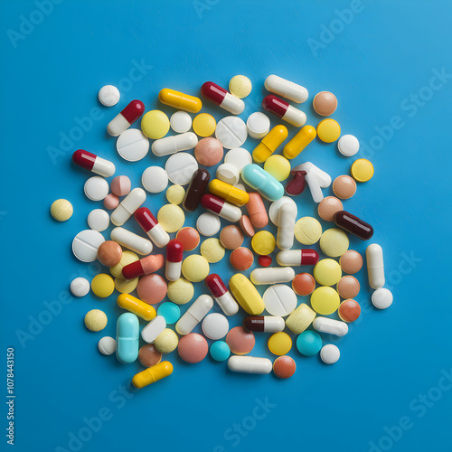 Collection of colorful pills and tablets arranged on a vibrant blue background For Social Media Post Size
