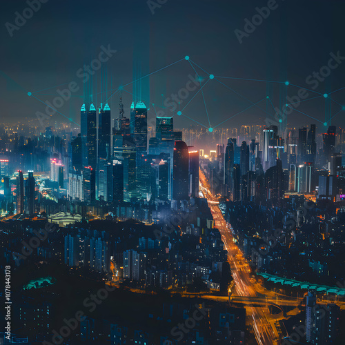 Cityscape at night with glowing skyscrapers and beams of light suggesting technological advancement For Social Media Post Size