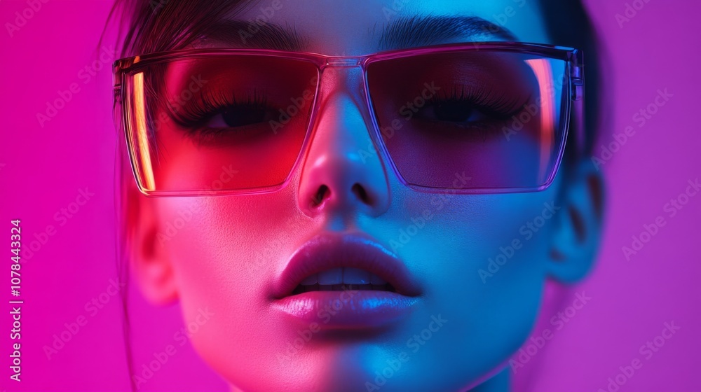 Trendy woman in pink sunglasses with neon lighting Trendy woman in pink sunglasses with neon lighting