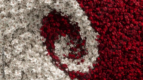 3D rendered close-up of vivid red and white rose petals merging and swirling into one another, forming an organic circular pattern. The dense floral texture creates a rich, abstract transition between