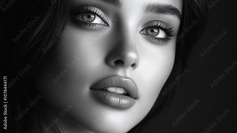 Close-up portrait of a woman with soft lighting, emphasizing her eyes and lips. Close-up portrait of a woman with soft lighting, emphasizing her eyes and lips.