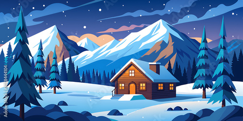 Snowy mountain cabin night landscape illustration.