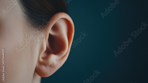 Close-up of a human ear against a dark background, showcasing its details and contours. photo