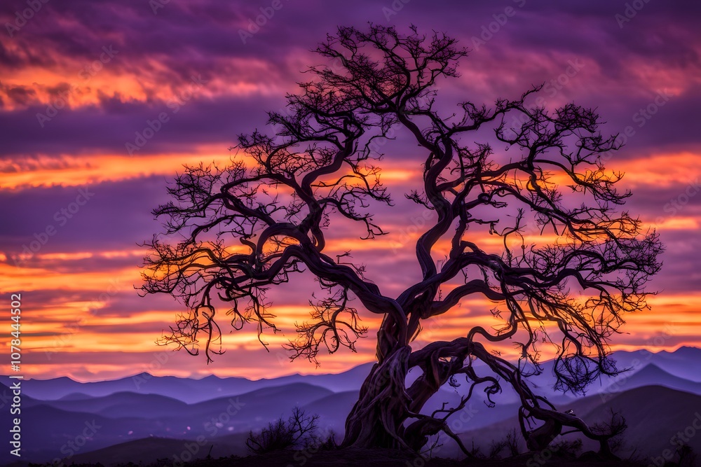 A tree with twisted branches silhouetted against a vibrant orange and purple sunset, AI Generated A tree with twisted branches silhouetted against a vibrant orange and purple sunset, AI Generated