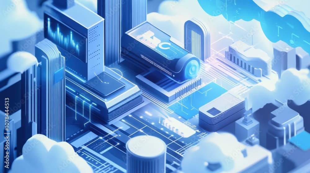 The concept of reducing IT costs in tech-themed blue and white The concept of reducing IT costs in tech-themed blue and white