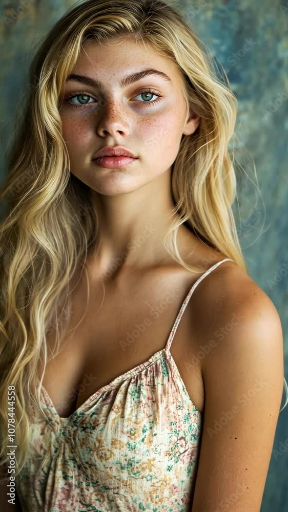 A young woman with long, blonde hair and freckles looks directly at the camera while wearing a floral dress A young woman with long, blonde hair and freckles looks directly at the camera while wearing a floral dress
