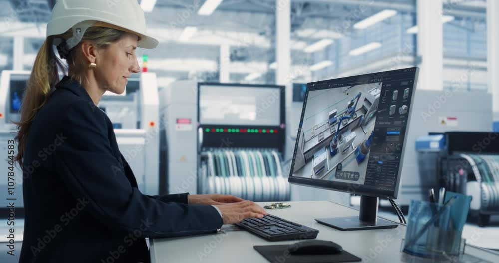 Smart Factory: Professional Engineer Works on Computer, Advanced 3D Engineering of Automated Production Line. Designer Optimizing Autonomous Robot Arm Manufacturing Processes in Industrial Facility. Smart Factory: Professional Engineer Works on Computer, Advanced 3D Engineering of Automated Production Line. Designer Optimizing Autonomous Robot Arm Manufacturing Processes in Industrial Facility.