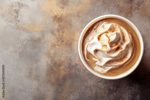 Iced whipped coffee trend drink from the Covid 19 lockdown Top view with space for text