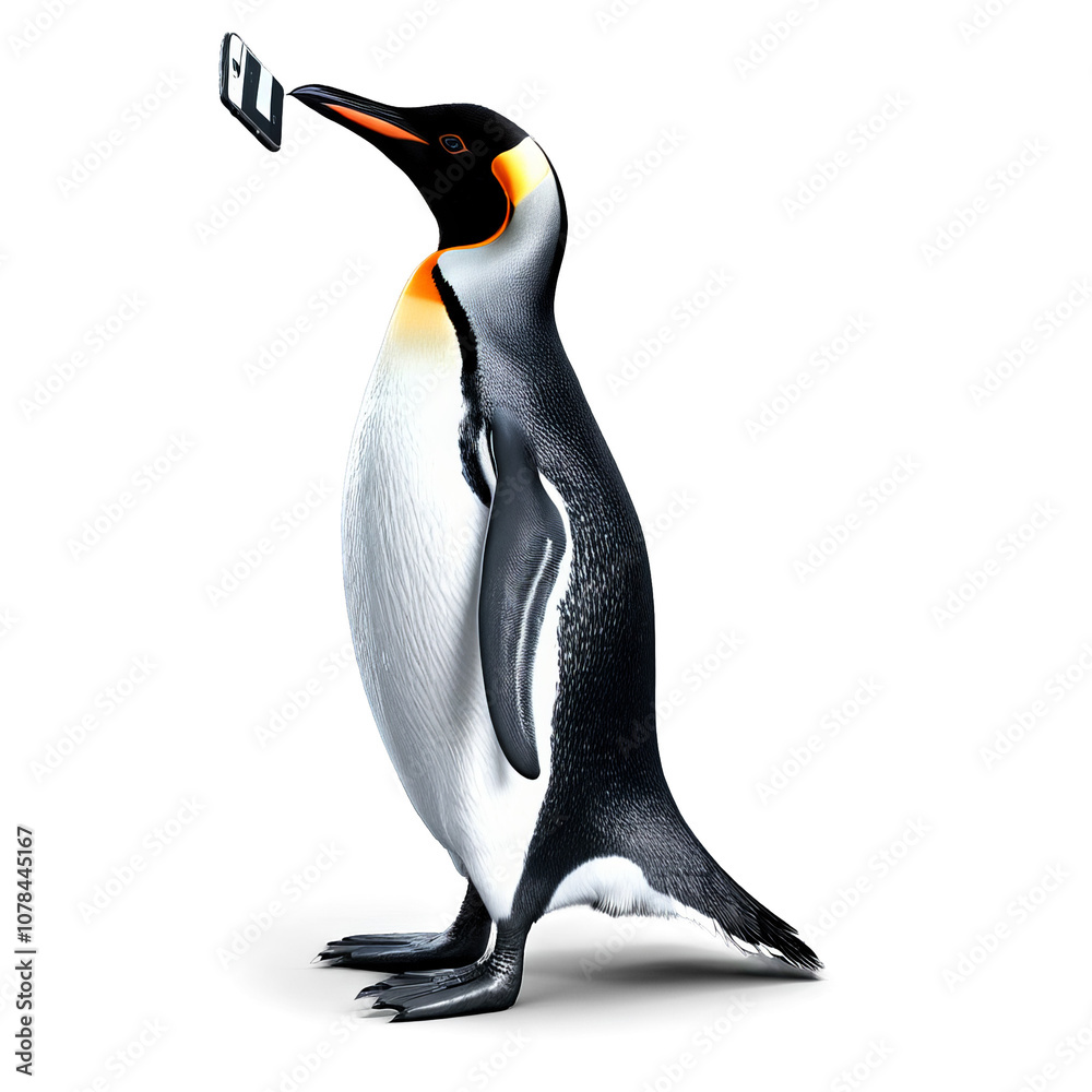Obraz premium Penguin with sleek black and white feathers waddling while taking a selfie with a smartphone