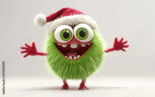 Cute and funny colored furry chrismas style monster 3D cartoon character. huge big eyes good smile furry and pretty on white background.