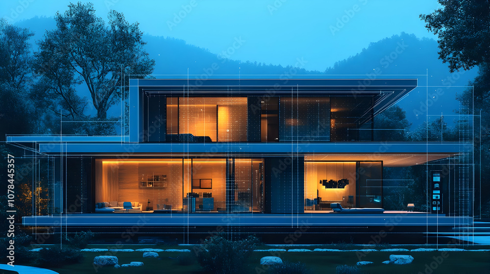 Modern Home Design with Blueprints - 3D Illustration