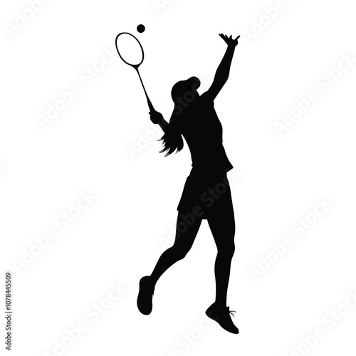 A woman is playing badminton and holding a racket. She is in the air and has a racket in her hand