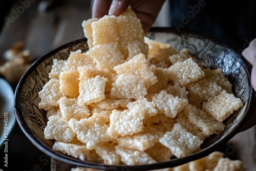 Indonesian fried rice crackers Rengginang crafted from uncooked glutinous rice photo