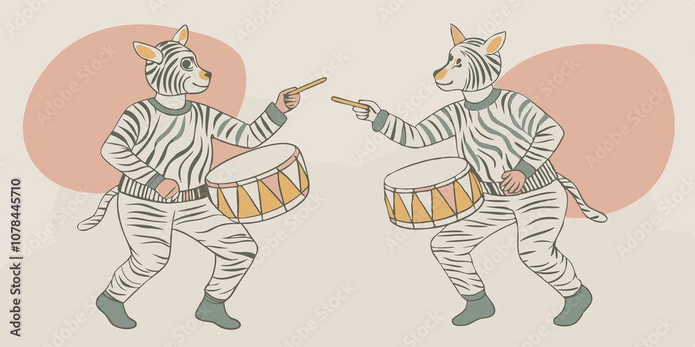 Zebra Shuffle A duo in zebra costumes showcases synchronized shuffles each tapping small percussion instruments while the drummers beat out a catchy tune. Zebra Shuffle A duo in zebra costumes showcases synchronized shuffles each tapping small percussion instruments while the drummers beat out a catchy tune.