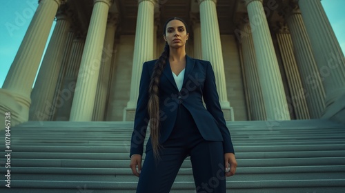 Confident female politician in formal attire standing on historic steps photo