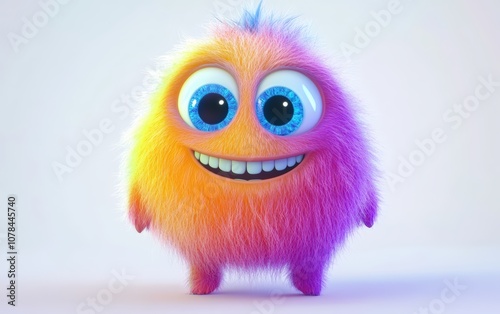 Cute and funny colored furry chrismas style monster 3D cartoon character. huge big eyes good smile furry and pretty on white background.