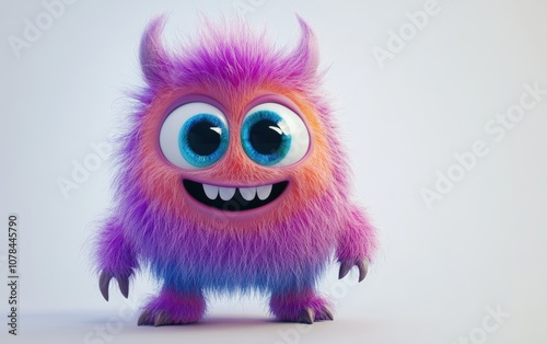 Cute and funny colored furry chrismas style monster 3D cartoon character. huge big eyes good smile furry and pretty on white background.