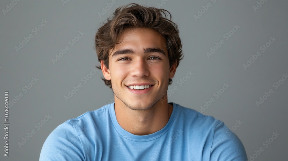 Portrait of a smiling young man wearing a blue t-shirt.