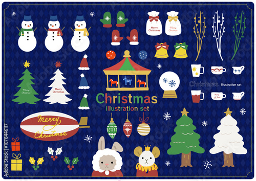 クリスマス手描きアイコンセットC　ブルー背景