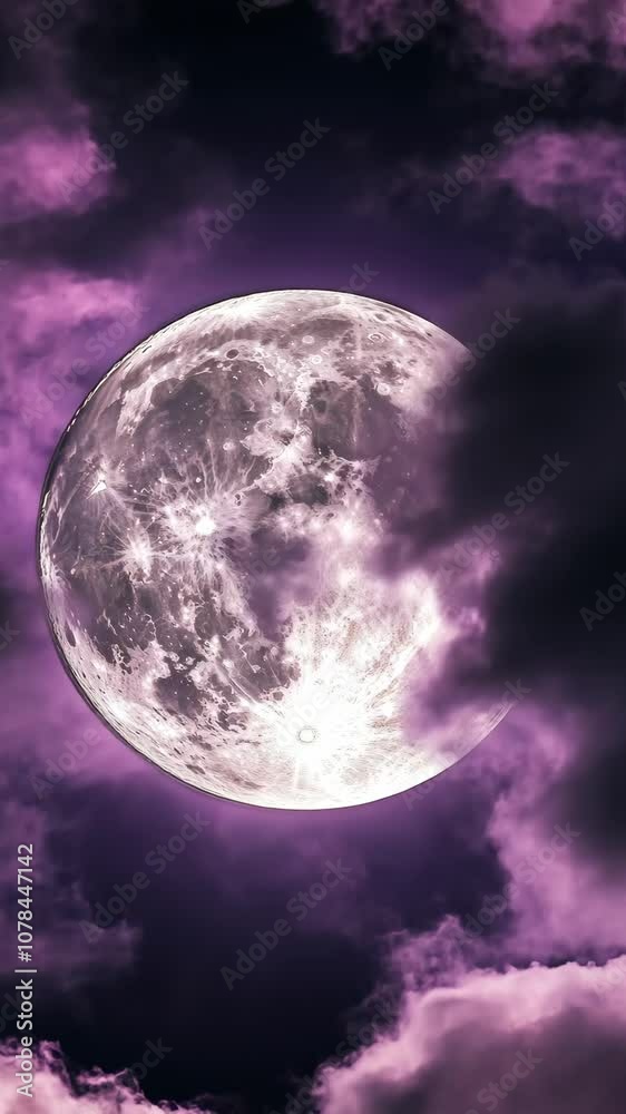Full moon playfully peeking through vibrant purple clouds in a mesmerizing night sky Full moon playfully peeking through vibrant purple clouds in a mesmerizing night sky