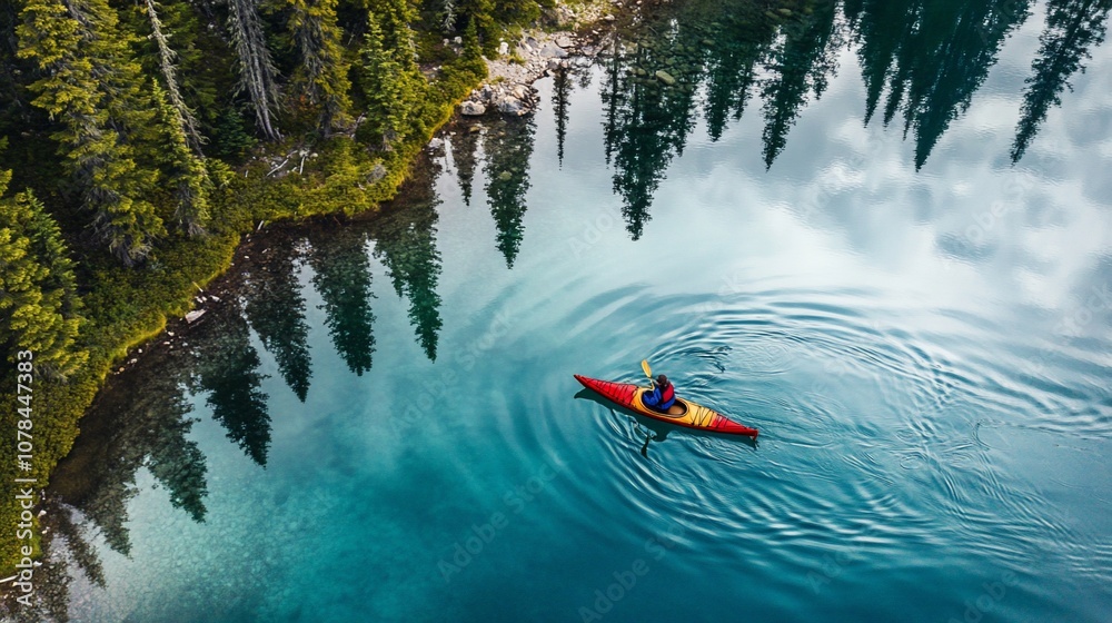 Fototapeta premium A lone kayaker paddles through a tranquil mountain lake, surrounded by tall trees reflected in the clear blue water.