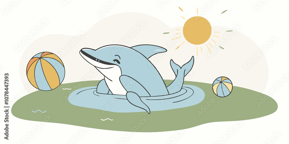 Obraz premium Sunny Dolphin Therian A Therian with smooth rounded dolphin ears wearing a light summer dress. Theyre happily splashing in a pool surrounded by colorful beach balls and a bright