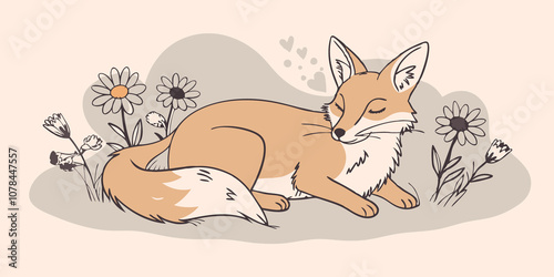 Storytime The fox lying on its belly with a storytelling gesture while the rabbit listens intently surrounded by soft grass and daisies as if they are sharing tales of adventure.