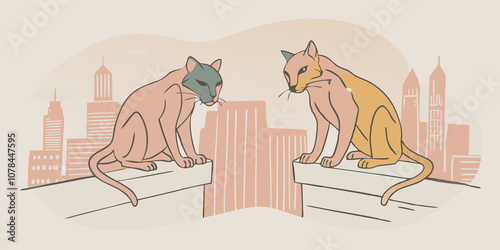 Stealthy Prowlers Illustrations of two therians crouching low on a ledge ears perked and tails twitching ready to make their next move across the city skyline reminiscent of photo