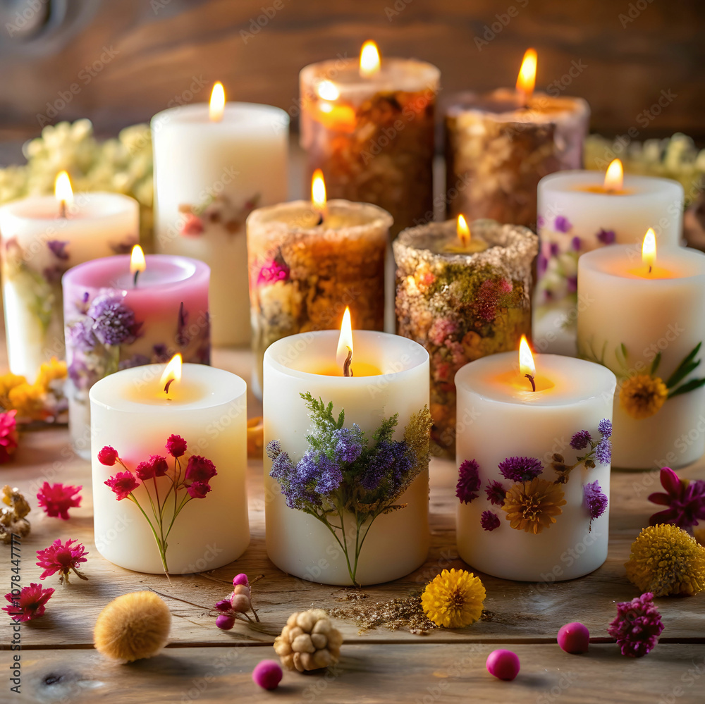 Beautifully arranged handmade candles are decorated with dried flowers