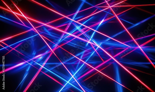 Colorful laser beams intersecting in dynamic patterns, vibrant blue and red hues