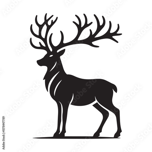 Majestic stag silhouette on a white background. A striking black silhouette of a stag with large antlers, standing proudly against a clean white backdrop.