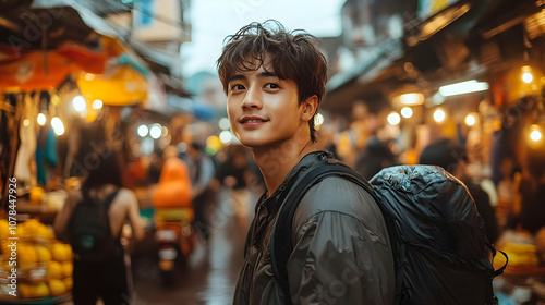 Smiling Traveler In A Busy Market Photo