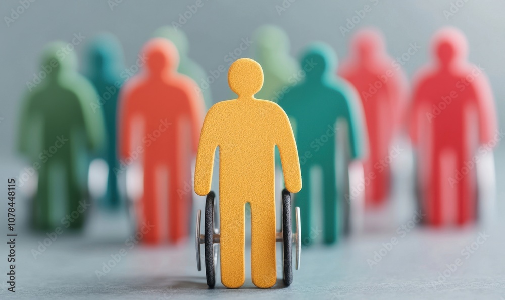 Diverse figures representing inclusion, with a focus on a yellow figure in a wheelchair against colored background. Diverse figures representing inclusion, with a focus on a yellow figure in a wheelchair against colored background.