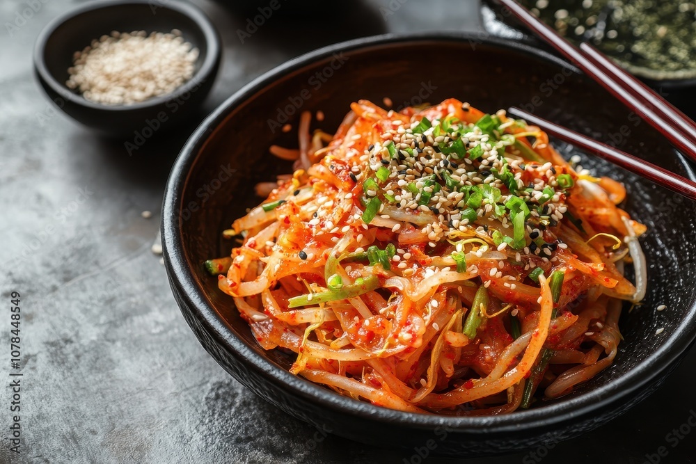 Kongnamul Muchim Traditional Korean salad of spicy mung bean sprouts garlic sesame green onions soy sauce spices and red pepper Selective focus Kongnamul Muchim Traditional Korean salad of spicy mung bean sprouts garlic sesame green onions soy sauce spices and red pepper Selective focus
