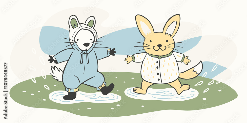 Naklejka premium Puddle Jumping Both costumes splashing joyfully in puddles after a light rain with the fox Therian playfully trying to splash the rabbit Therian.